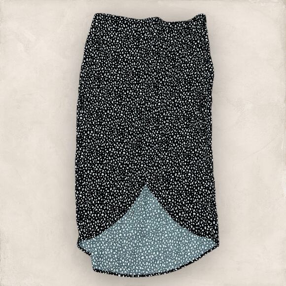 Women’s Midi Skirt Black White Polka Dot Asymmetrical Side Slit Large - Picture 1 of 3